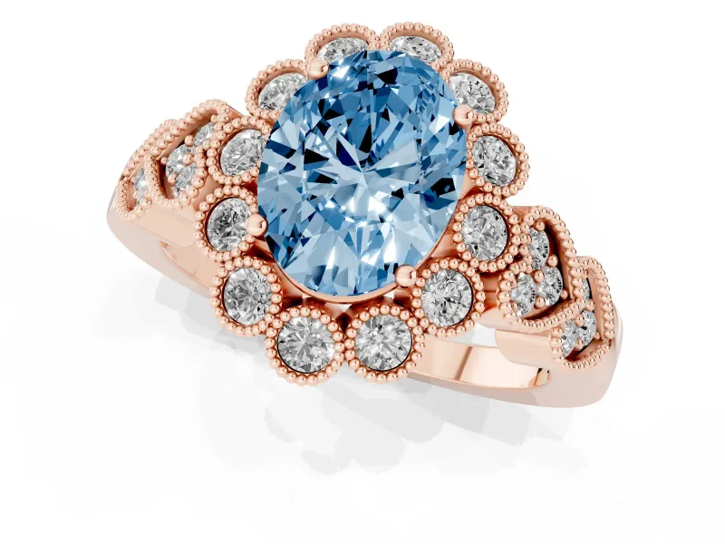 Oval Scalloped Halo Engagement Ring Setting for a Fancy Blue Lab-Grown Diamond | Heart Pavé Band | Rose Gold