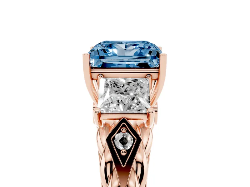 Fancy Blue Princess Cut Diamond Three-Stone Ring Set in Rose gold with Braided Band