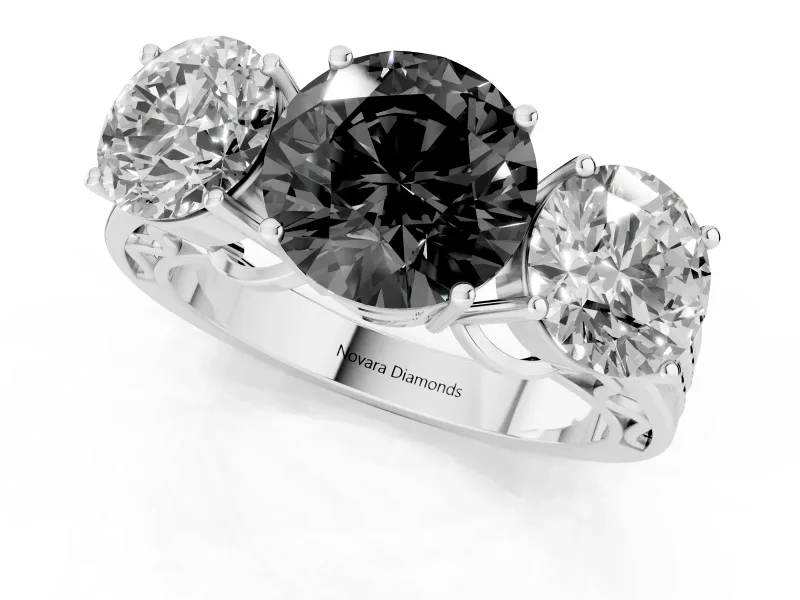 Round Three Stone Engagement Ring Setting for a Black Center | Beaded Shoulders | Platinum