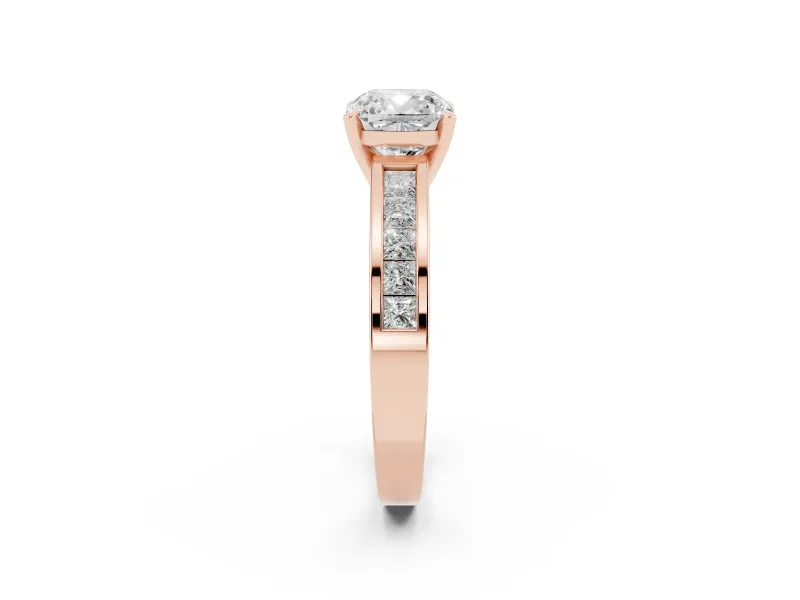 Cushion Cut Diamond Solitaire Ring Set in Rose gold with Channel-Set Band and Prong Setting