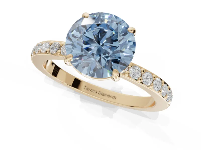 Round Hidden Halo Engagement Ring Setting for a Fancy Blue Lab-Grown Diamond | Pavé Band | Yellow Gold