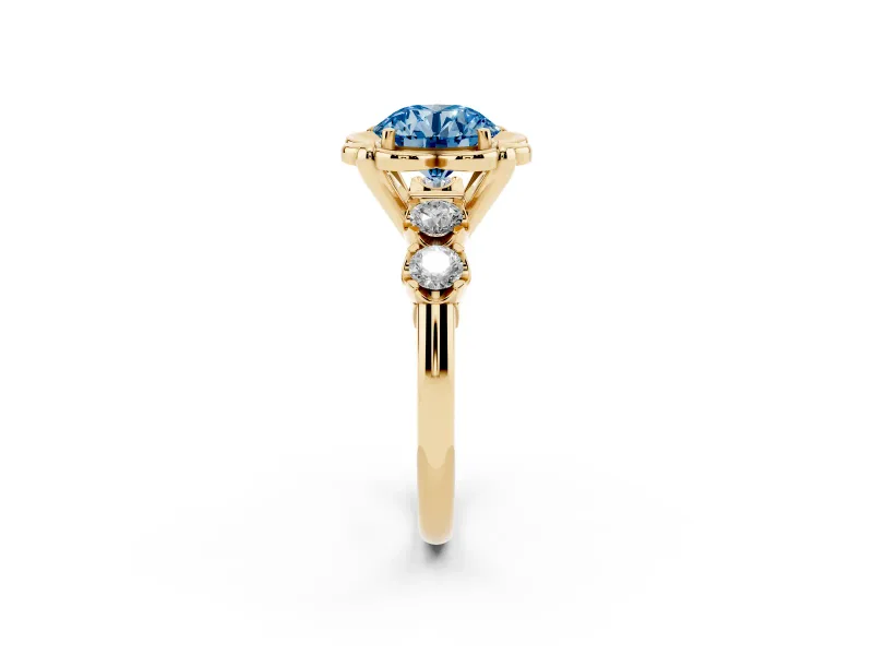 Round Floral Engagement Ring Setting for a Fancy Blue Lab-Grown Diamond | Petal Frame | Yellow Gold