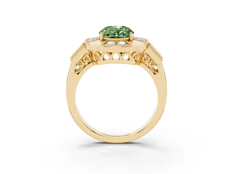 Oval Milgrain Sectioned Halo Engagement Ring Setting for a Fancy Green Lab-Grown Diamond | Yellow Gold