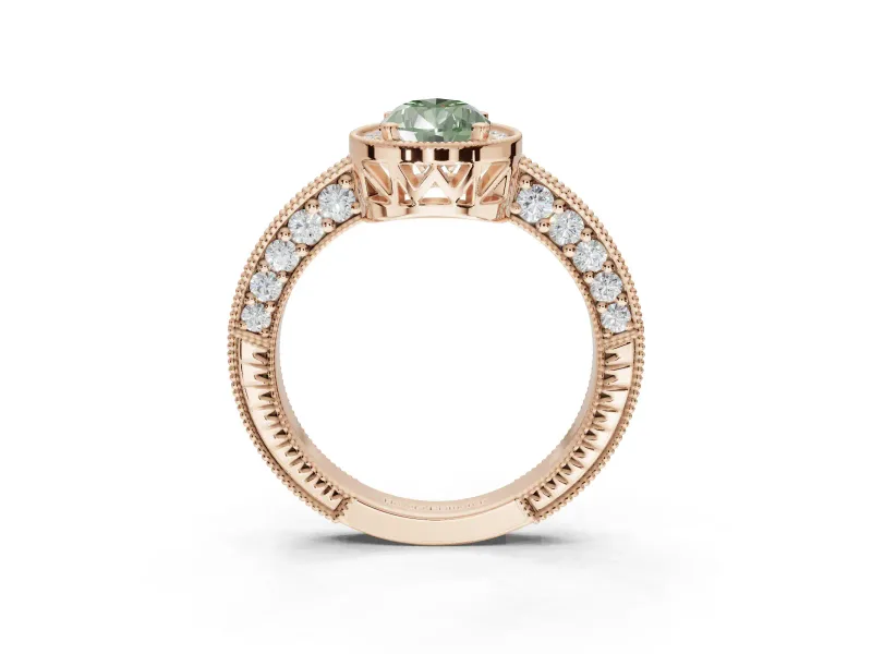 Pear-Shaped Milgrain Halo Engagement Ring Setting for a Fancy Green Lab-Grown Diamond | Wide Pavé Band | Rose Gold