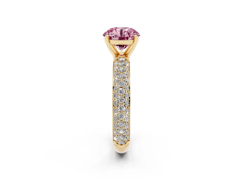 Fancy Pink Round Cut Diamond Solitaire Ring Set in Yellow gold with Prong Setting and Pavé-Set Band