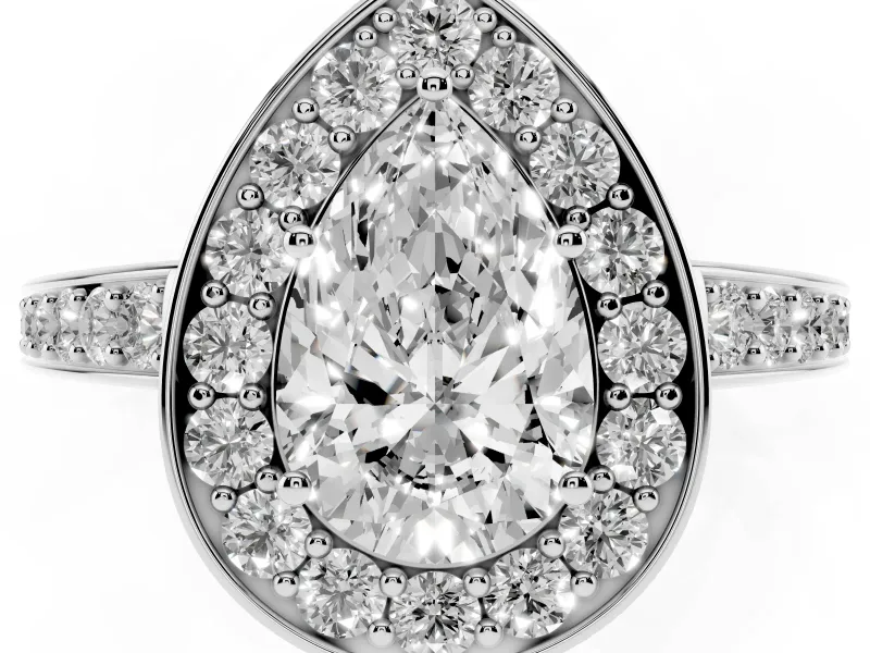 Pear Cut Diamond Halo Pavé Engagement Ring Set in Platinum with Bezel Setting