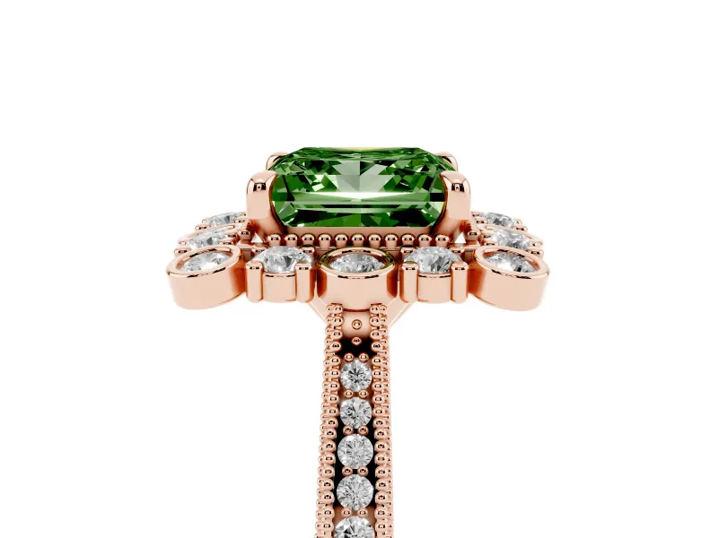 Princess Cut Scalloped Halo Engagement Ring Setting for a Fancy Green Lab-Grown Diamond | Milgrain Edges | Rose Gold