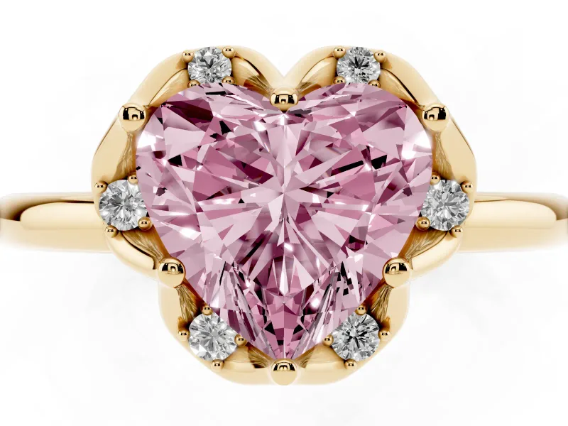 Fancy Pink Heart Cut Diamond Round Cluster Halo Ring Set in Yellow gold with Solitaire Band and Prong Setting