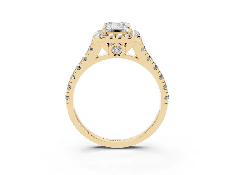 Emerald Cut Halo Engagement Ring Setting | Shared Prong Shoulders | Yellow Gold