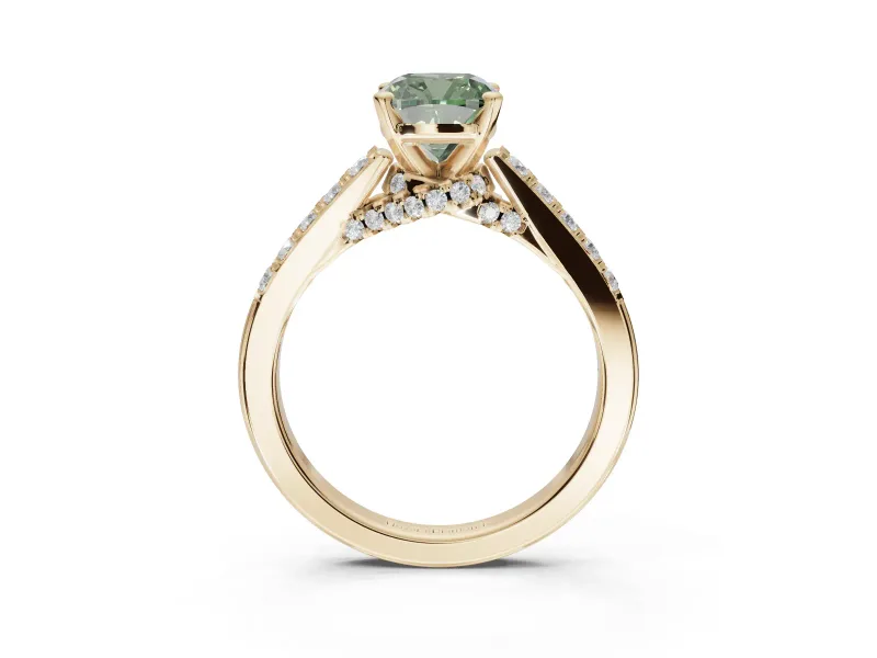 Cushion Cut Pavé Solitaire Engagement Ring Setting for a Fancy Green Lab-Grown Diamond | Crossover Gallery | Yellow Gold