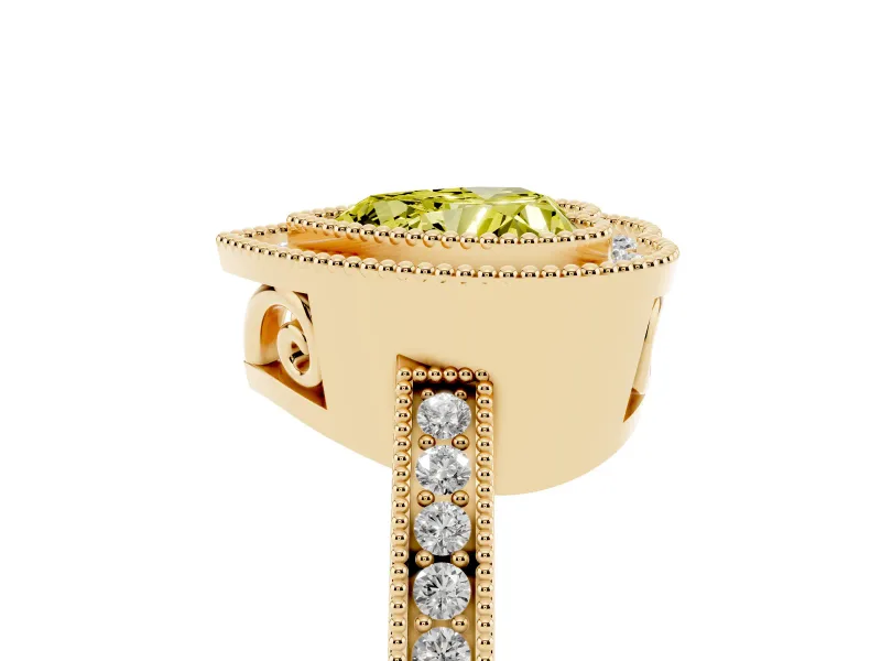 Fancy Yellow Heart Cut Diamond Halo Ring Set in Yellow gold with Pavé Band and Milgrain-Edged Prongs