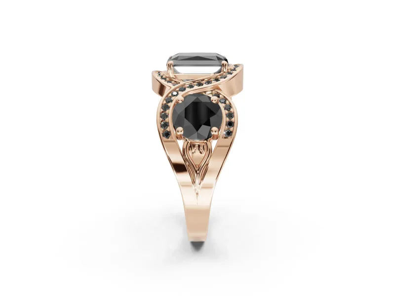 Radiant Cut Three Stone Halo Engagement Ring Setting for a Black Center | Pavé Wave Band | Rose Gold