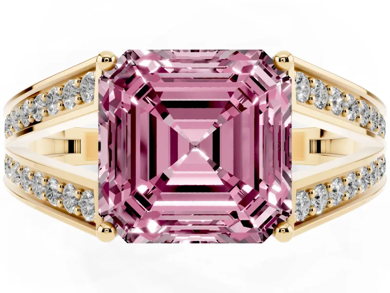 Fancy Pink Asscher Cut Diamond Split Shank Ring Set in Yellow gold with Pavé Band and Prong Setting