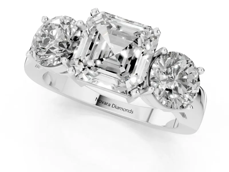 Asscher Cut Three Stone Engagement Ring Setting | Wide Plain Band | Platinum