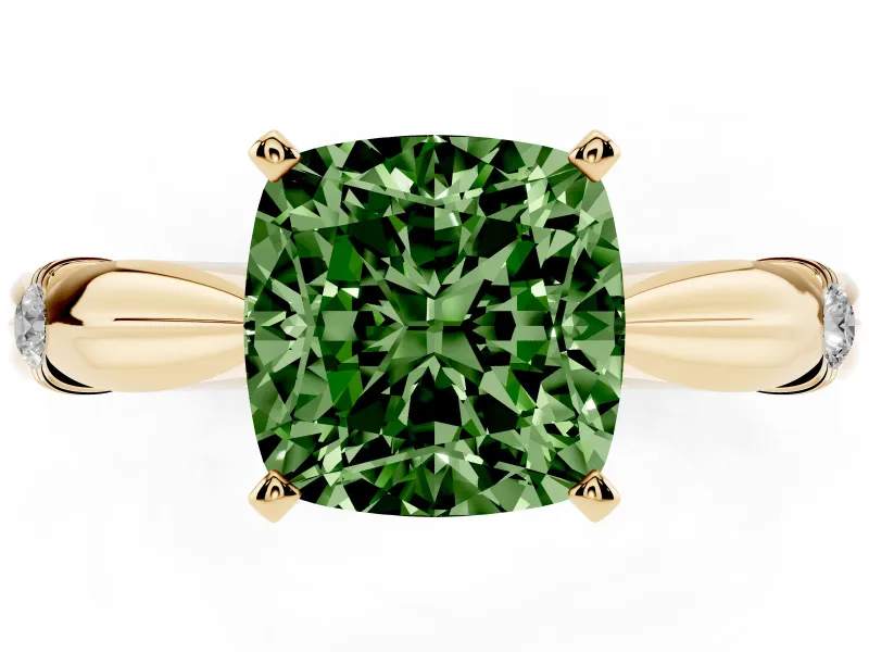 Fancy Green Cushion Cut Diamond Solitaire Twisted Band Ring Set in Yellow gold with Accent Stones and Prong Setting