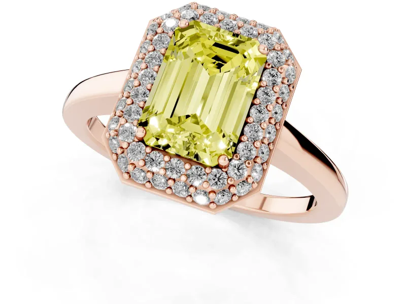 Fancy Yellow Emerald Cut Diamond Halo Engagement Ring Set in Rose gold with Solitaire Band and Prong Setting