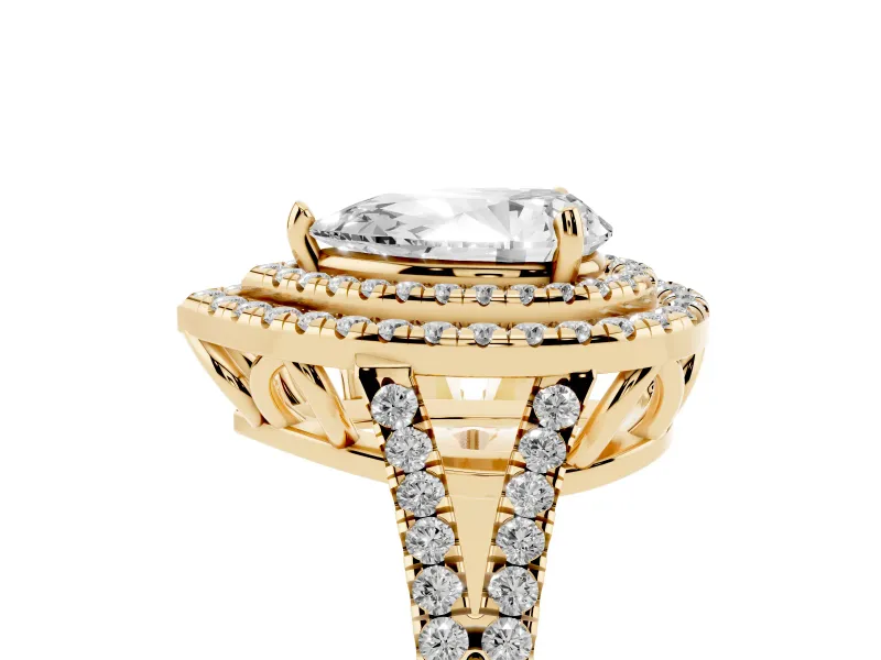 Pear-Shaped Double Halo Split Shank Engagement Ring Setting | Pavé Shoulders | Yellow Gold