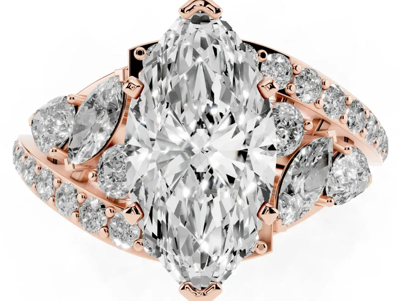 Marquise Cut Diamond Halo Ring Set in Rose gold with Marquise and Pavé Band in Prong Setting