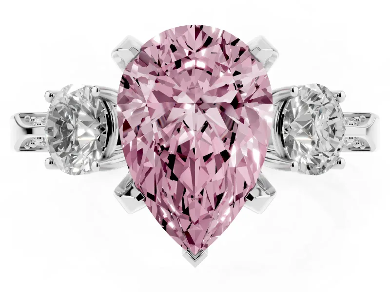 Pear-Shaped Hidden Halo Three Stone Engagement Ring Setting for a Fancy Pink Lab-Grown Diamond | Pave Gallery | Platinum