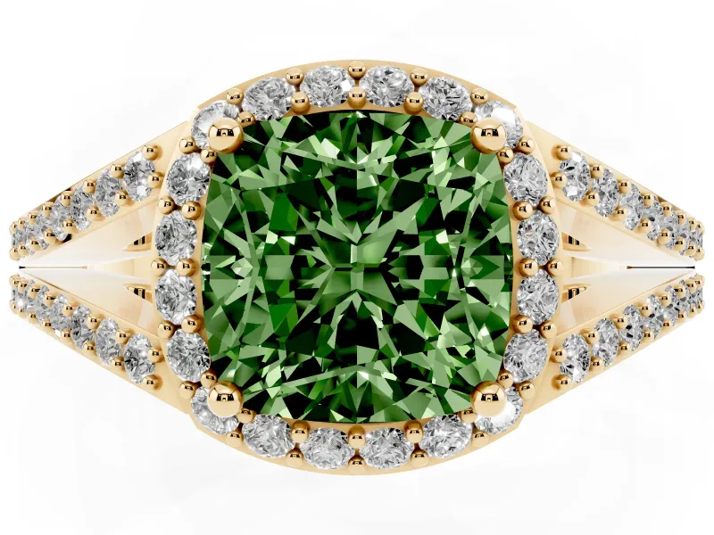 Cushion Cut Halo Engagement Ring Setting for a Fancy Green Lab-Grown Diamond | V-Split Pavé Band | Yellow Gold