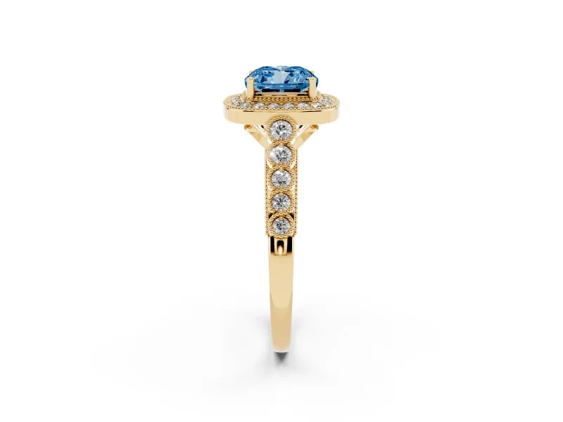 Cushion Cut Graduated Milgrain Halo Engagement Ring Setting for a Fancy Blue Lab-Grown Diamond | Yellow Gold