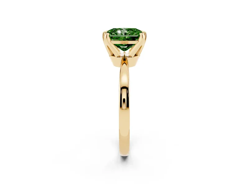 Fancy Green Radiant Cut Diamond Solitaire Engagement Ring Set in Yellow gold with Slim Tapered Solitaire Band