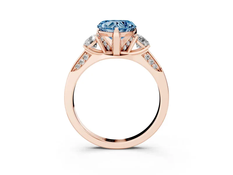 Heart-Shaped Hidden Halo Three Stone Engagement Ring Setting for a Fancy Blue Lab-Grown Diamond | Rose Gold