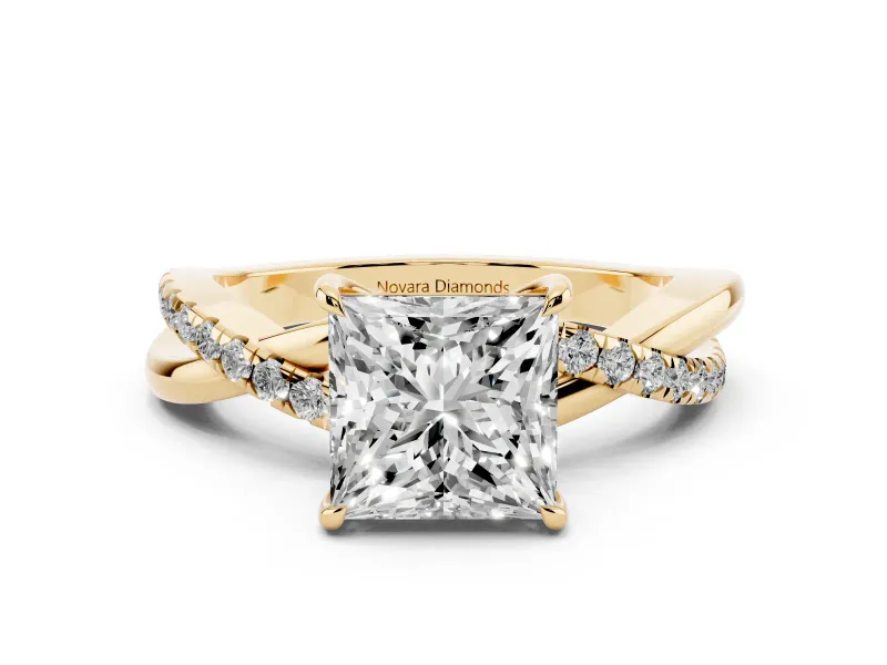 Princess Cut Diamond Twisted Pavé Band Ring Set in Yellow gold with Prong Setting
