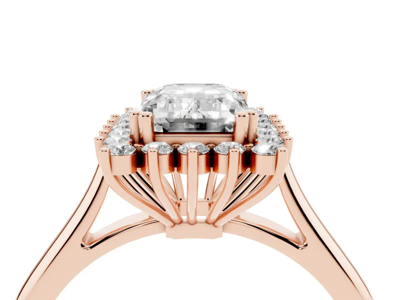 Emerald Cut Starburst Halo Engagement Ring Setting | Thin Plain Band | Rose Gold