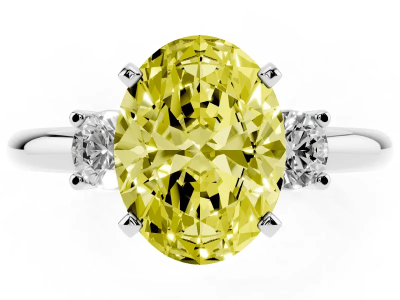 Fancy Yellow Three-Stone Oval Cut Diamond Ring Set in Platinum with Prong Setting and Plain Band