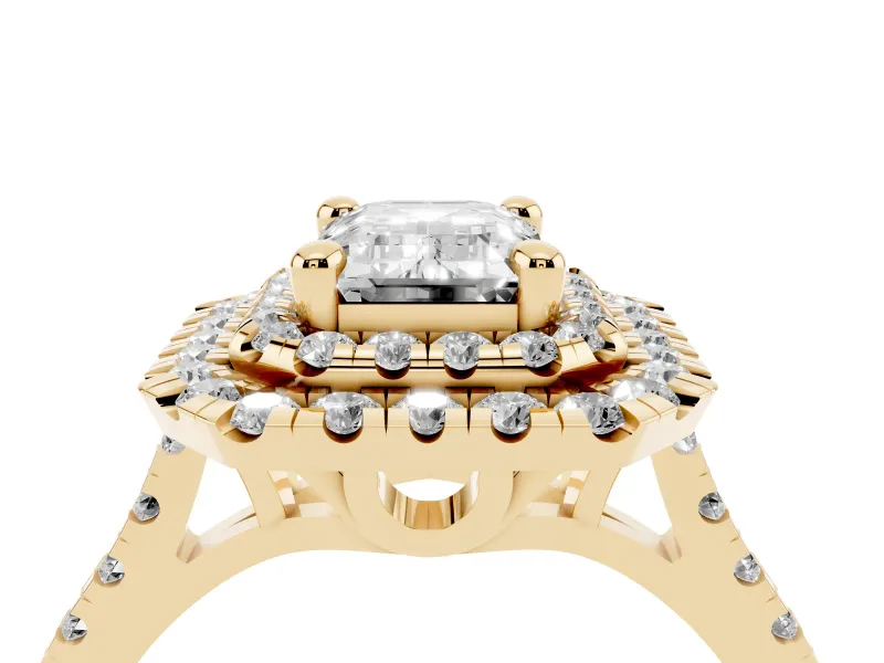 Emerald Cut Diamond Double Halo Statement Ring Set in Yellow gold with Pavé Band