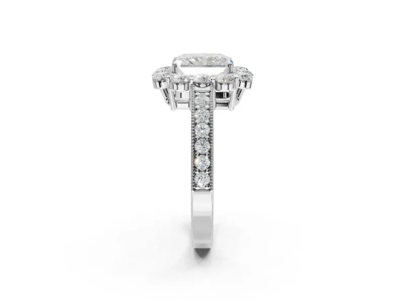 Radiant Cut Vintage Halo Engagement Ring Setting | Milgrain Channel Band | White Gold