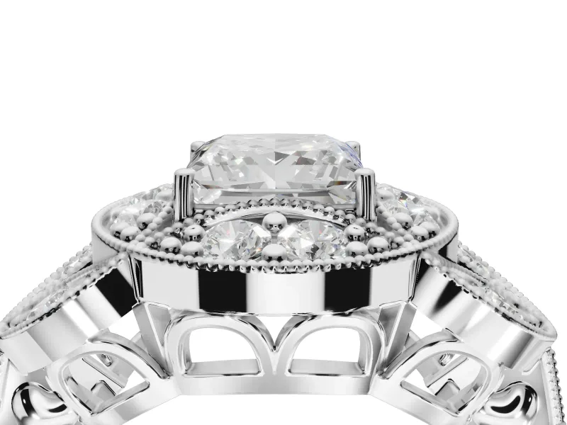 Princess Cut Vintage Floral Halo Engagement Ring Setting | Engraved Milgrain Band | Platinum