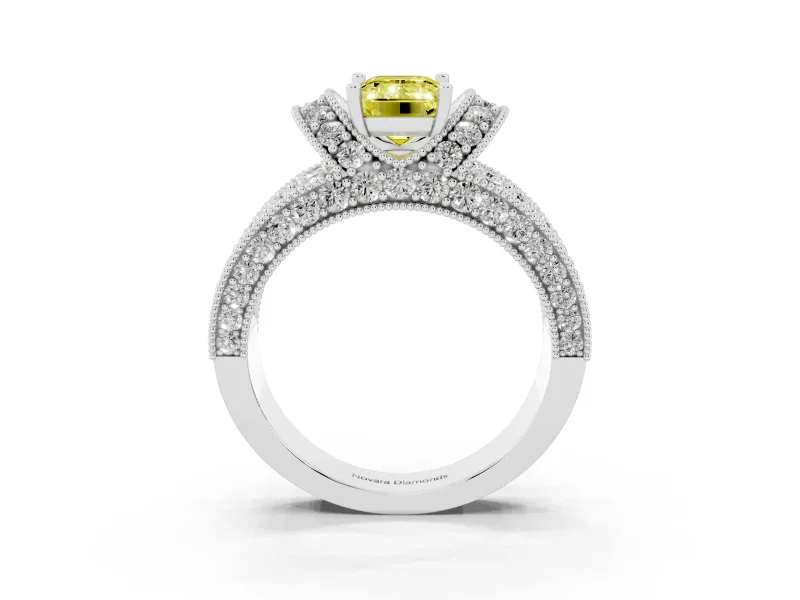 Emerald Cut Vintage Pave Engagement Ring Setting for a Fancy Yellow Lab-Grown Diamond | Milgrain Edges | Platinum