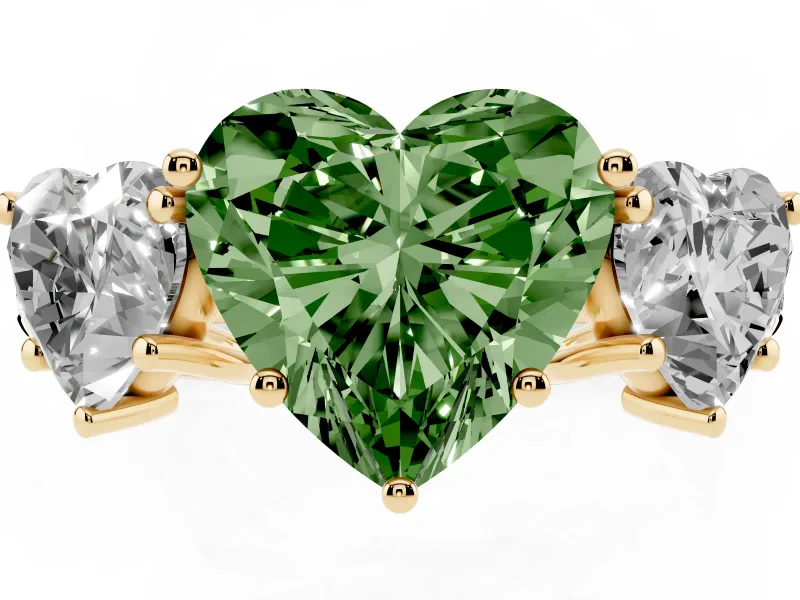 Heart-Shaped Three Stone Engagement Ring Setting for a Fancy Green Lab-Grown Diamond | Accented Shoulders | Yellow Gold