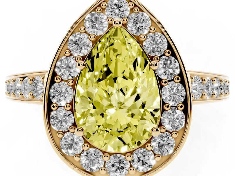 Fancy Yellow Pear Cut Diamond Halo Pavé Engagement Ring Set in Yellow gold with Bezel Setting