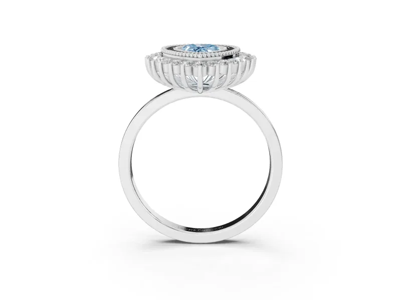 Fancy Blue Pear Cut Diamond Halo Ring Set in Platinum with Milgrain Edge and Round Prong Setting