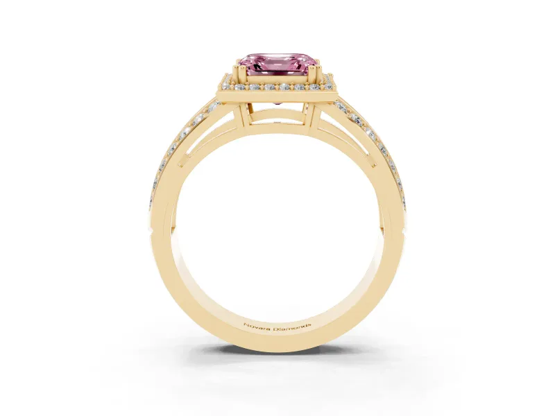 Asscher Cut Halo Engagement Ring Setting for a Fancy Pink Lab-Grown Diamond | Two-Row Pave Split Shank | Yellow Gold