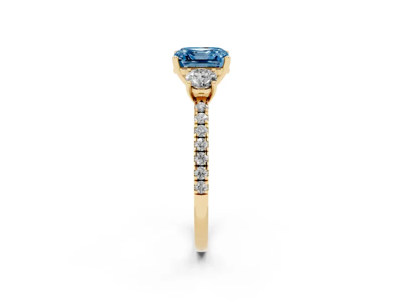 Asscher Cut Three Stone Engagement Ring Setting for a Fancy Blue Lab-Grown Diamond | Pave Shoulders | Yellow Gold