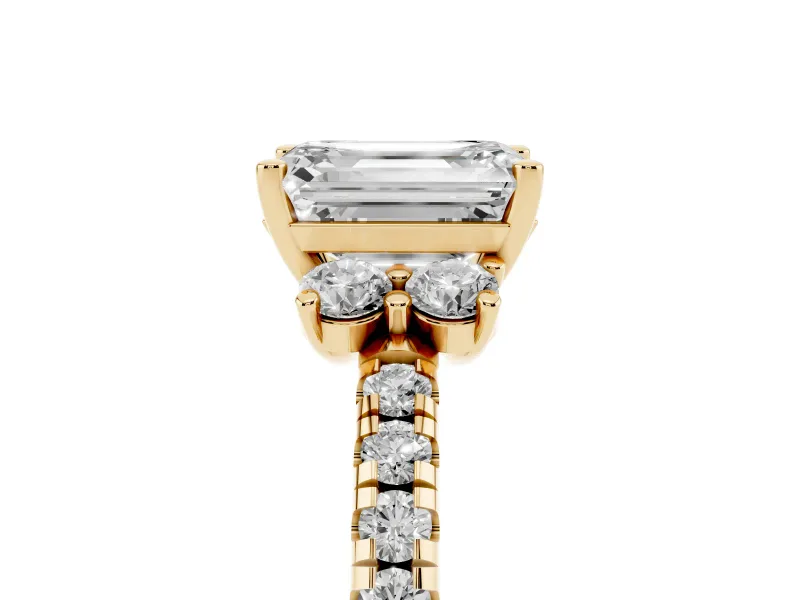Emerald Cut Side Stone Pave Engagement Ring Setting | Paired Round Accents | Yellow Gold