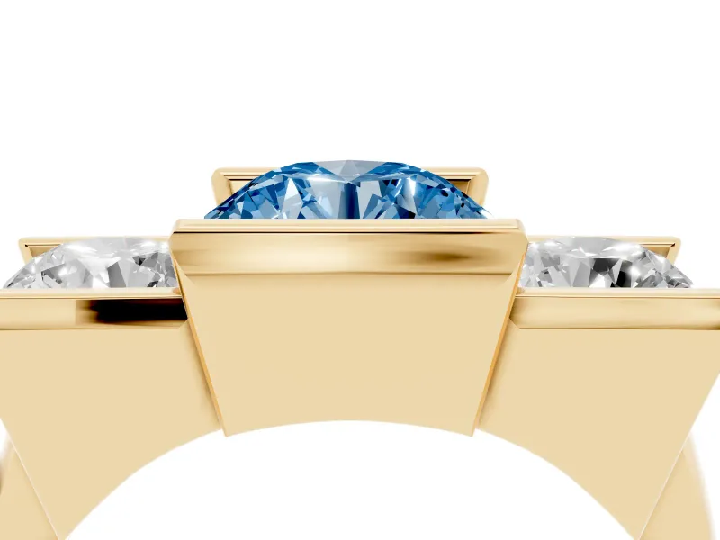 Fancy Blue Round Cut Diamond Three-Stone Channel Set Ring Set in Yellow gold with Smooth Polished Band