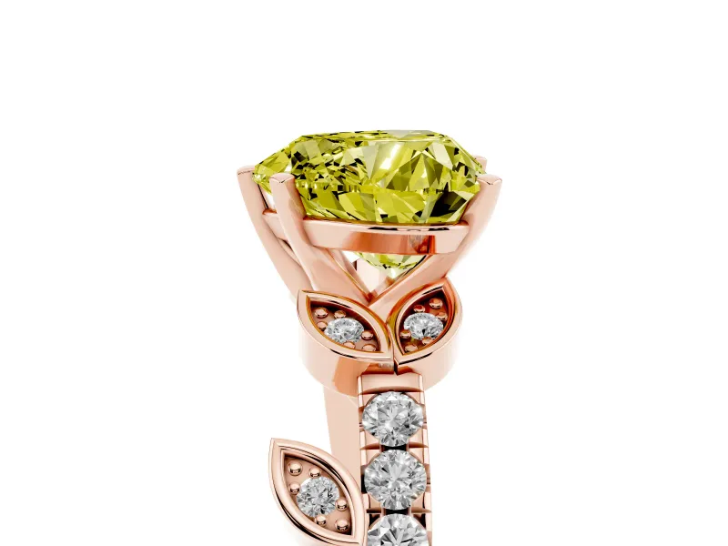 Fancy Yellow Heart Cut Diamond Solitaire Leaf-Inspired Ring Set in Rose gold with Pavé Band and Prong Setting