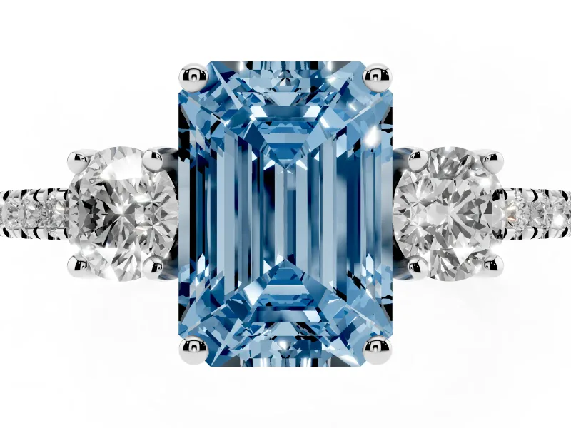 Emerald Cut Three Stone Engagement Ring Setting for a Fancy Blue Lab-Grown Diamond | Pave Shoulders | Platinum