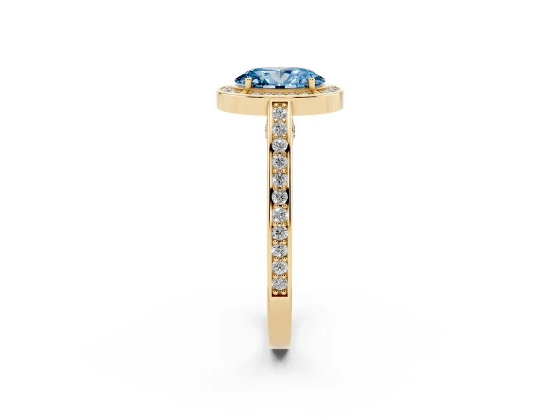 Fancy Blue Oval Cut Diamond Halo Pavé Split Shank Ring Set in Yellow gold with Prong Setting