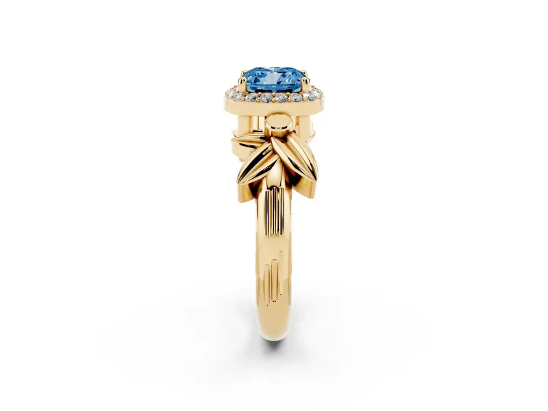 Cushion Cut Floral Halo Engagement Ring Setting for a Fancy Blue Lab-Grown Diamond | Yellow Gold