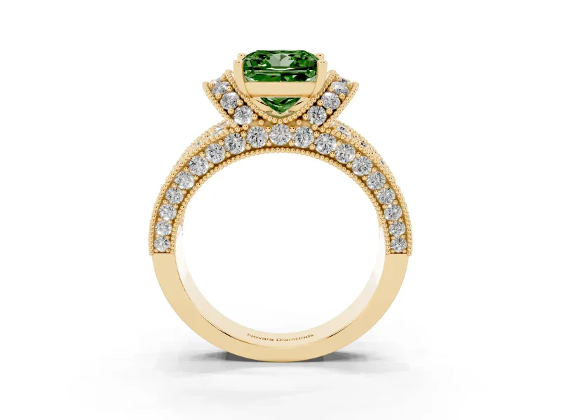 Princess Cut Vintage Pave Engagement Ring Setting for a Fancy Green Lab-Grown Diamond | Milgrain Edges | Yellow Gold