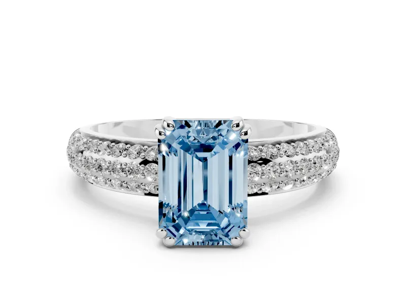 Fancy Blue Emerald Cut Diamond Solitaire Ring Set in White gold with Multi-Row Round Pavé Band and Prong Setting