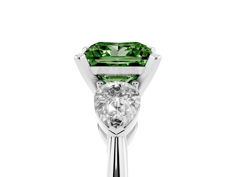 Fancy Green Three-Stone Princess Cut Diamond Ring Set in Silver with Pear Side Stones and Prong Setting