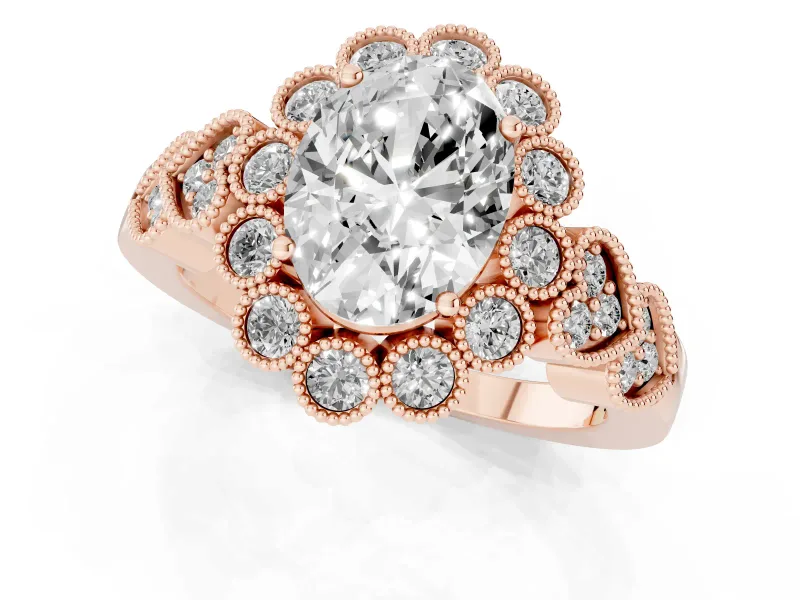 Oval Vintage Scalloped Milgrain Halo Engagement Ring Setting | Heart Pavé Band | Rose Gold