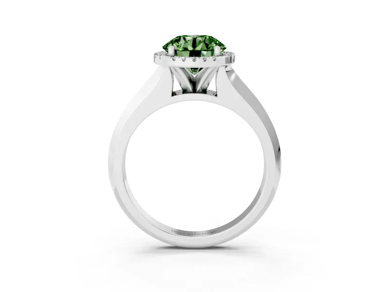 Fancy Green Round Cut Diamond Halo Ring Set in Silver with Cathedral Band and Prong Setting